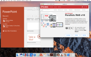 PPT Launch dialog and Safari running in Coherence in Parallels Desktop 13