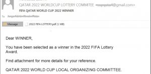 Figura 4 e mail di truffa che imita il comitato organizzatore della FIFA.
