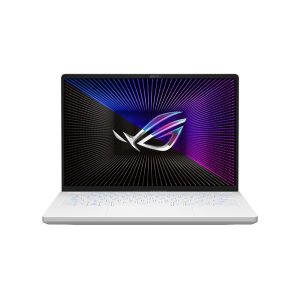 Front view of the Moonlight White ROG Zephyrus G14 with the ROG Fearless Eye logo on screen