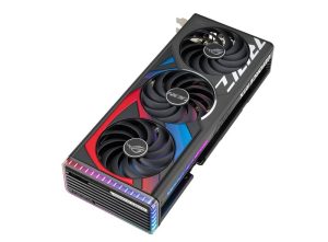 Highlighting the axial tech fans and ARGB element of the ROG Strix GeForce RTX 4070TI graphics card