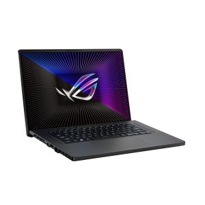 Off center shot of the front of the ROG Zephyrus G16 with the ROG Fearless Eye logo on screen