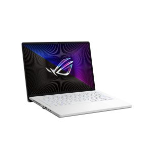 Off center view of the front of the Moonlight White ROG Zephyrus G14 with the lid open and the ROG Fearless Eye logo on screen.