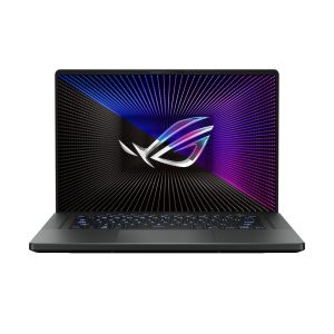 Shot of the ROG Zephyrus G16 with the with the lid open with the ROG Fearless Eye logo on screen