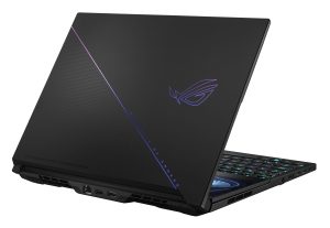 Off center rear view of the ROG Zephyrus Duo 16 with ROG Fearless Eye logo and slash