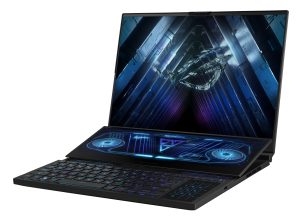 Off center view of the ROG Zephyrus Duo 16 with ROG Fearless Eye logo on screen