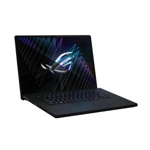 Off center view of the front of the ROG Zephyrus M16 with the lid open and the ROG Fearless Eye logo on screen