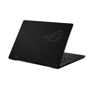 Off center view of the rear of the ROG Zephyrus M16 with the lid partially closed and the ROG Fearless Eye logo illuminated on the AniMe Matrix panel