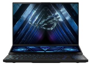 ROG Zephyrus Duo 16 front view with ROG Fearless Eye logo on screen