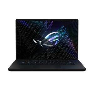 ROG Zephyrus M16 with the lid open and the ROG Fearless Eye logo visible on screen