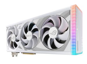 Angled top down view of the ROG Strix GeForce RTX 4090 white edition graphics card highlighting the fans ARGB element 1