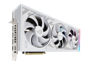 Angled top down view of the ROG Strix GeForce RTX 4090 white edition graphics card highlighting the fans ARGB element and IO ports1