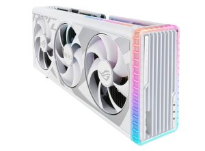 Angled top down view of the ROG Strix GeForce RTX 4090 white edition graphics card highlighting the fans ARGB element2