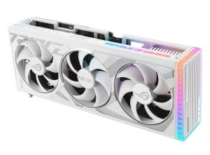 Angled top down view of the ROG Strix GeForce RTX 4090 white edition graphics card highlighting the fans ARGB element3
