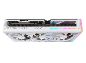 Angled top view of the ROG Strix GeForce RTX 4090 white edition graphics card showing off the ARGB element and 3.5 slot design