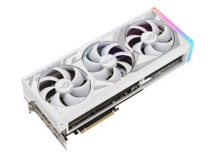 Front angled view of the ROG Strix GeForce RTX4090 White edition graphics card