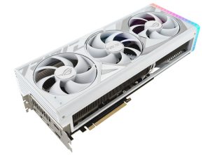 Front angled view of the ROG Strix GeForce RTX4090 White edition graphics card2