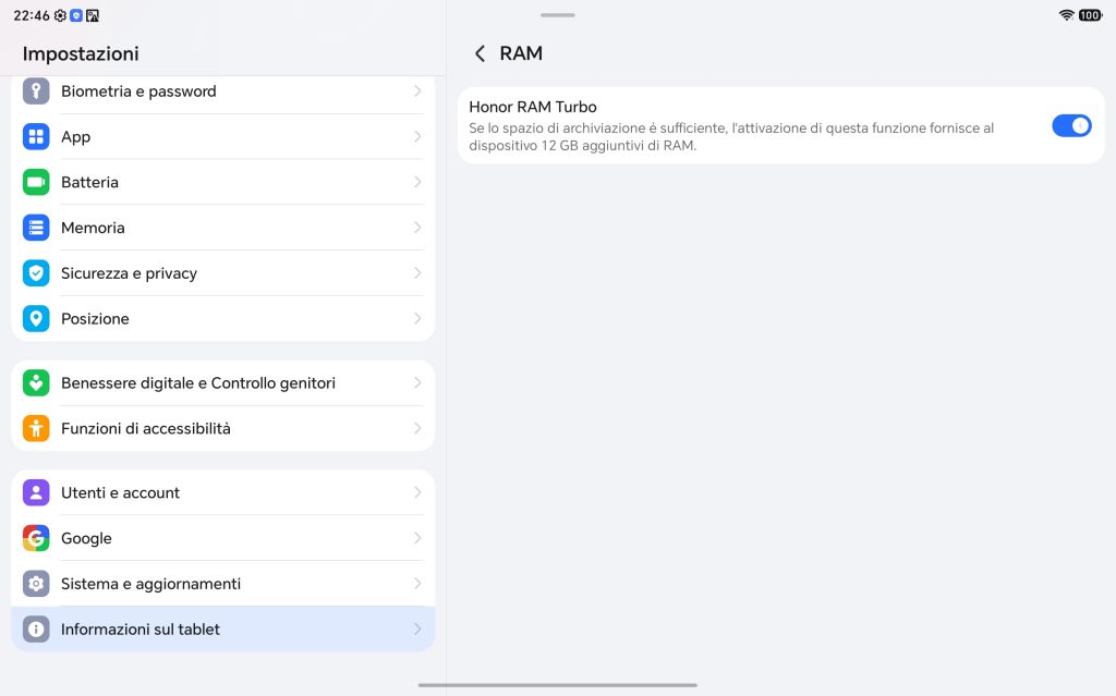 Recensione HONOR Pad X9 Max 52 Screenshot 20260727 224646 com android settings SettingsDeviceRamMemorySettingsAc